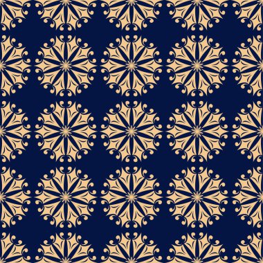 Koyu mavi zemin üzerine altın çiçek süsleme. Tekstil ve duvar kağıtları için seamless modeli