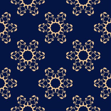 Koyu mavi zemin üzerine altın çiçek süsleme. Tekstil ve duvar kağıtları için seamless modeli