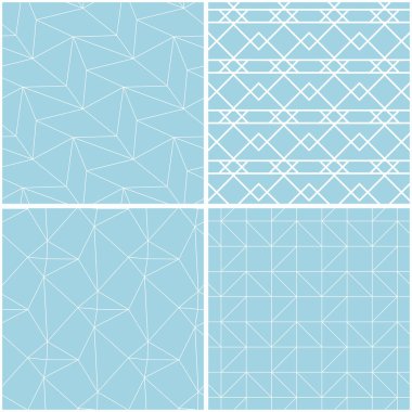 Geometrik desenler. Mavi ve beyaz sorunsuz arka planlar kümesi. Vektör çizim