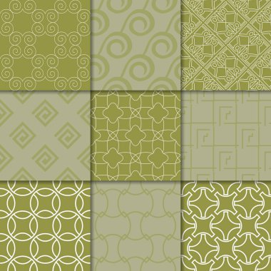 Zeytin yeşili geometrik süsler. Web, Tekstil ve duvar kağıtları için dikişsiz desen koleksiyonu