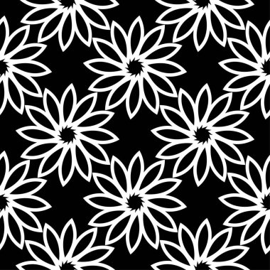 Siyah arka plan üzerine beyaz çiçek süsleme. Tekstil ve duvar kağıtları için seamless modeli