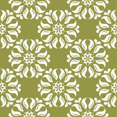 Zeytin yeşil zemin üzerine beyaz çiçek süsleme. Tekstil ve duvar kağıtları için seamless modeli