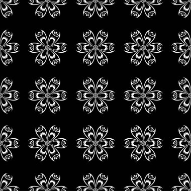 Siyah arka plan üzerine beyaz çiçek süsleme. Tekstil ve duvar kağıtları için seamless modeli