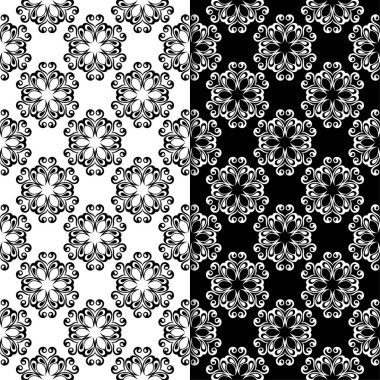 Siyah ve beyaz çiçek arka planlar. Tek renkli Dikişsiz desen Tekstil ve duvar kağıtları için set