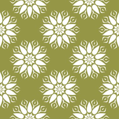 Zeytin yeşil zemin üzerine beyaz çiçek süsleme. Tekstil ve duvar kağıtları için seamless modeli