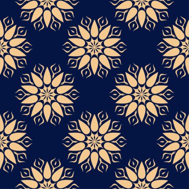 Koyu mavi zemin üzerine altın çiçek süsleme. Tekstil ve duvar kağıtları için seamless modeli