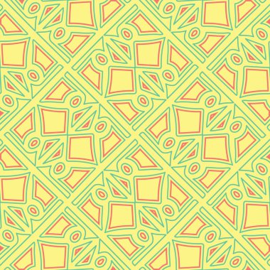 Geometrik şekilli elemanları ile sorunsuz arka plan. Parlak sarı arka plan duvar kağıtları, Tekstil ve kumaş için pembe ve yeşil tasarım ile