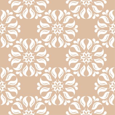 Bej renkli arka plan üzerinde beyaz çiçek süsleme. Tekstil ve duvar kağıtları için seamless modeli