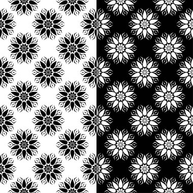 Siyah ve beyaz çiçek arka planlar. Tekstil ve duvar kağıtları için dikişsiz desen seti