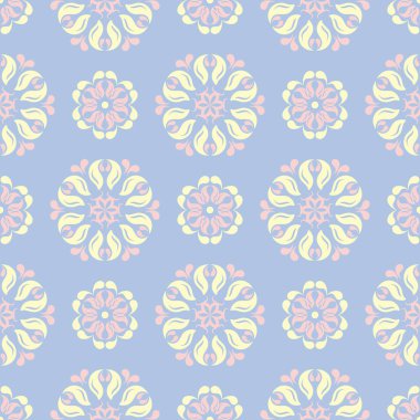 Çiçek seamless modeli. Soluk mavi arka plan duvar kağıtları, Tekstil ve kumaş için bej ve pembe çiçek öğeleri ile