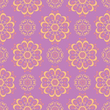 Menekşe çiçek sorunsuz arka plan. Duvar kağıtları, Tekstil ve kumaş için pembe ve sarı parlak desen