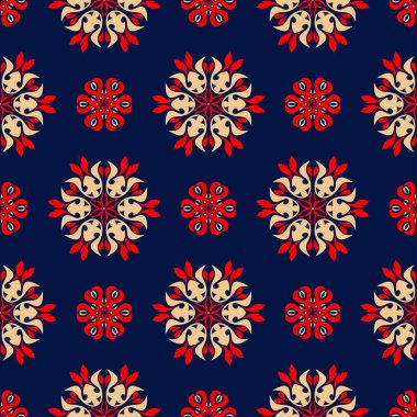 Çiçek sorunsuz arka plan. Duvar kağıtları, Tekstil ve kumaş için mavi arka plan üzerinde kırmızı ve bej çiçek öğeleri