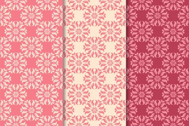 Kırmızı çiçekli süsler kümesi. Kiraz pembe dikey Dikişsiz desen. Duvar kağıdı arka plan