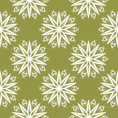 Zeytin yeşil zemin üzerine beyaz çiçek süsleme. Tekstil ve duvar kağıtları için seamless modeli