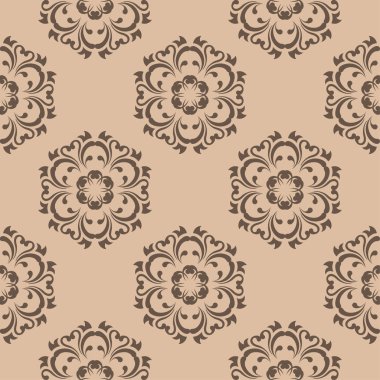 Bej renkli arka plan üzerinde kahverengi çiçek süsleme. Tekstil ve duvar kağıtları için seamless modeli