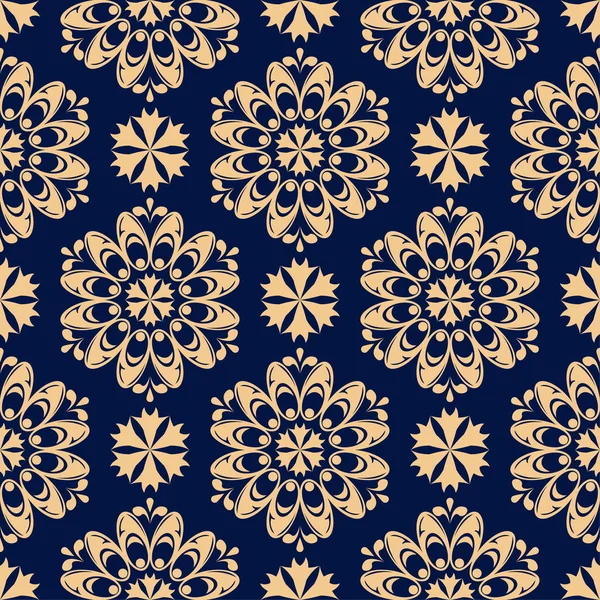 Golden Floral Design Dark Blue Background Seamless Pattern Textile Wallpapers — Stock Vector