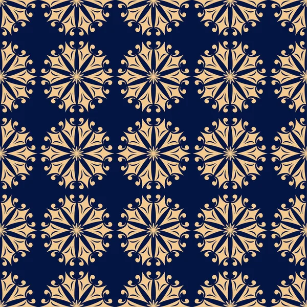 Adorno Floral Dorado Sobre Fondo Azul Oscuro Patrón Sin Costuras — Vector de stock