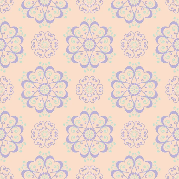 花のシームレスなパターン テキスタイル ファブリック用の紫と青の花要素でベージュ色の背景 — ストックベクタ