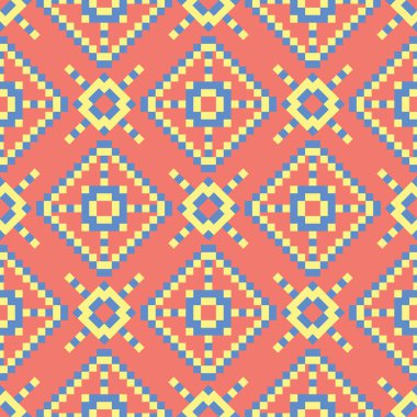 Geometrik seamless modeli. Parlak kırmızı bir arka plan duvar kağıtları, Tekstil ve kumaş için mavi ve sarı tasarımı ile