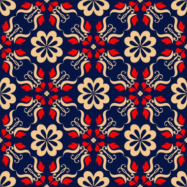 Kesintisiz mavi arka plan. Çiçek bej ve kırmızı desenli duvar kağıtları ve tekstil