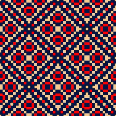 Geometrik seamless modeli. Duvar kağıtları, Tekstil ve kumaş için mavi arka plan üzerinde renkli kırmızı ve bej tasarım