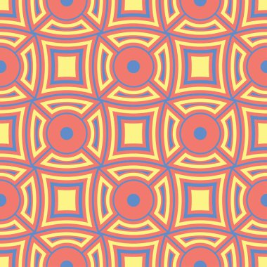 Geometrik seamless modeli. Parlak kırmızı bir arka plan duvar kağıtları, Tekstil ve kumaş için mavi ve sarı tasarımı ile