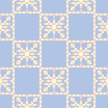 Geometrik desenli sorunsuz arka plan. Tekstil ve duvar kağıtları için mavi zemin üzerinde öğeleri pembe ve bej