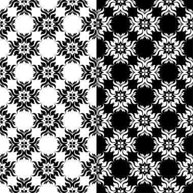 Siyah ve beyaz çiçek arka planlar. Tekstil ve duvar kağıtları için dikişsiz desen seti