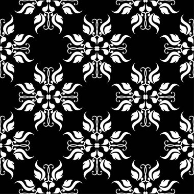 Siyah arka plan üzerine beyaz çiçekler. Tekstil ve duvar kağıtları için süs seamless modeli