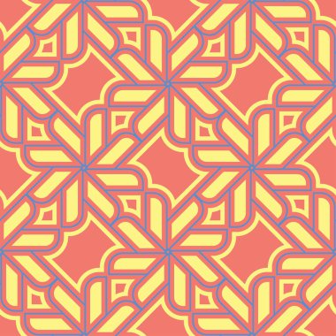 Geometrik seamless modeli. Parlak kırmızı bir arka plan duvar kağıtları, Tekstil ve kumaş için mavi ve sarı tasarımı ile