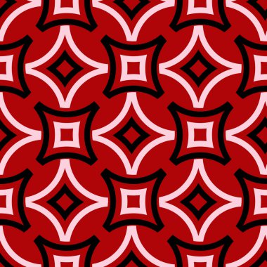 Kırmızı sorunsuz bir arka plan siyah ve beyaz geometrik desenli. Tekstil ve duvar kağıtları için