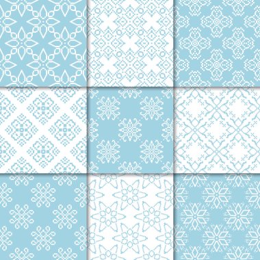 Mavi ve beyaz çiçekli süsler. Kağıt için dikişsiz desen koleksiyonu Tekstil