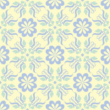Çiçek sorunsuz arka plan. Mavi ve yeşil çiçek deseni üzerinde bej zemin, duvar kağıtları, Tekstil ve kumaş için