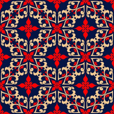 Kesintisiz mavi arka plan. Çiçek bej ve kırmızı desenli duvar kağıtları ve tekstil