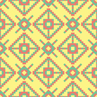 Geometrik seamless modeli. Sarı arka plan duvar kağıtları, Tekstil ve kumaş için pembe ve yeşil tasarım ile