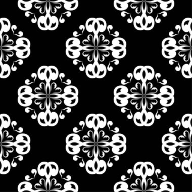 Siyah arka plan üzerine beyaz çiçek süsleme. Tekstil ve duvar kağıtları için seamless modeli