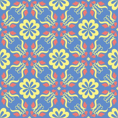 Çiçek tasarım ile mavi seamless modeli. Renkli arka plan duvar kağıtları, Tekstil ve kumaş için kırmızı sarı çiçek öğeleri ile