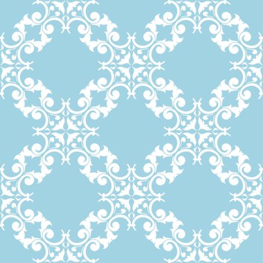 Mavi zemin üzerine beyaz çiçek süsleme. Tekstil ve duvar kağıtları için seamless modeli