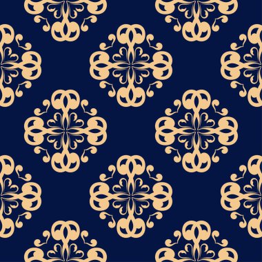 Koyu mavi zemin üzerine altın çiçek süsleme. Tekstil ve duvar kağıtları için seamless modeli