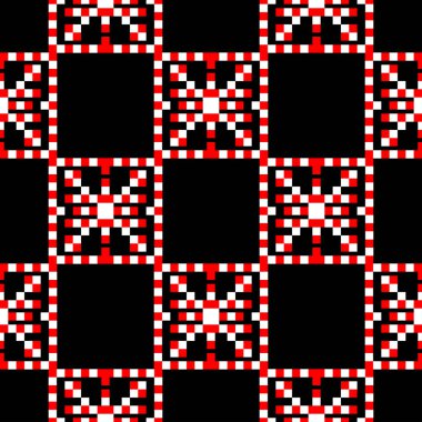 Kesintisiz geometrik siyah arka plan. Kırmızı ve beyaz öğelerle duvar kağıtları, Tekstil ve kumaş için