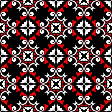 Çiçek seamless modeli. Siyah kırmızı beyaz bir arka plan duvar kağıtları, Tekstil ve kumaş için
