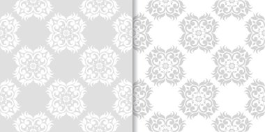 Işık gri ve beyaz çiçekli süsler. Tekstil ve duvar kağıtları için dikişsiz desen seti