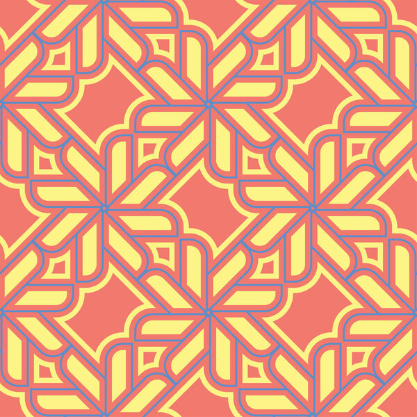 Geometric seamless pattern. Bright red background with blue and yellow design for wallpapers, textile and fabrics