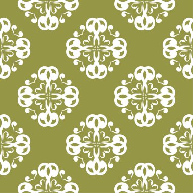 Zeytin yeşil zemin üzerine beyaz çiçek süsleme. Tekstil ve duvar kağıtları için seamless modeli