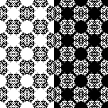 Siyah ve beyaz çiçek arka planlar. Tek renkli Dikişsiz desen Tekstil ve duvar kağıtları için set