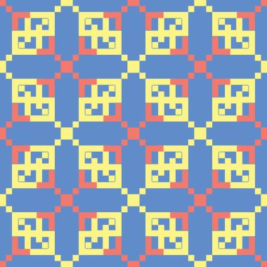 Geometrik seamless modeli. Mavi arka plan duvar kağıtları, Tekstil ve kumaş için kırmızı ve sarı tasarımı ile