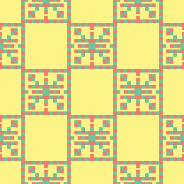 Geometrik şekilli elemanları ile sorunsuz arka plan. Parlak sarı arka plan duvar kağıtları, Tekstil ve kumaş için pembe ve yeşil tasarım ile