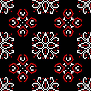 Sorunsuz çiçek desenli. Kırmızı, siyah zemin üzerine beyaz öğeleri