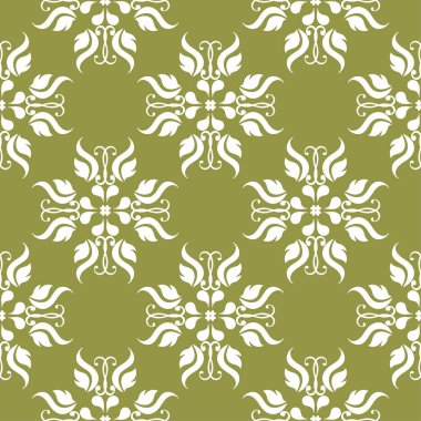 Zeytin yeşil zemin üzerine beyaz çiçekler. Tekstil ve duvar kağıtları için süs seamless modeli