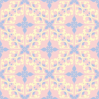 Çiçek soluk pembe seamless modeli mavi ve bej tasarımları ile. Arka plan duvar kağıtları, Tekstil ve kumaş için